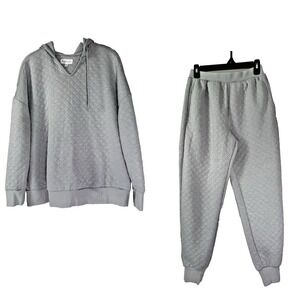 Womens Small Jogger Set Gray Quilted Hooded Sweatshirt Cozy Lounge Athleisure